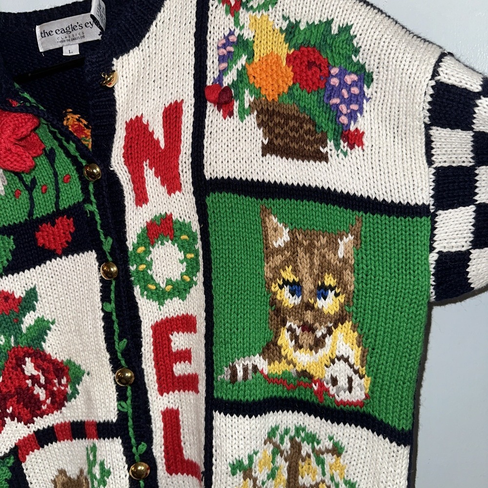 NWT the Eagle's Eye vintage Christmas Knit Sweater Women L noel cat floral 1991 - Picture 8 of 12
